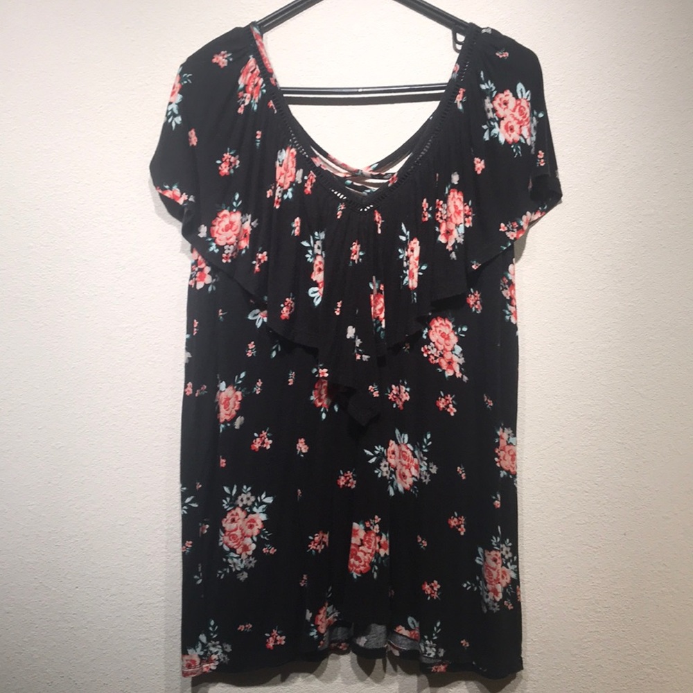 Torrid ruffled neckline criss cross back too